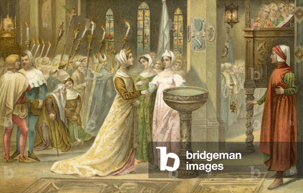 Beatrice and Dante in Santa Croce, Florence (colour litho)