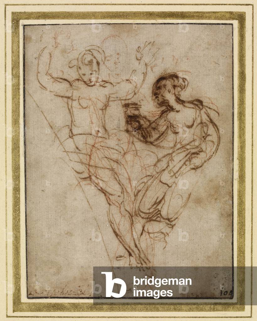"Psyche präsentiert Venus die Vase von Proserpine (Stift und braune Tinte über rote Kreide auf bräunlichen Pap