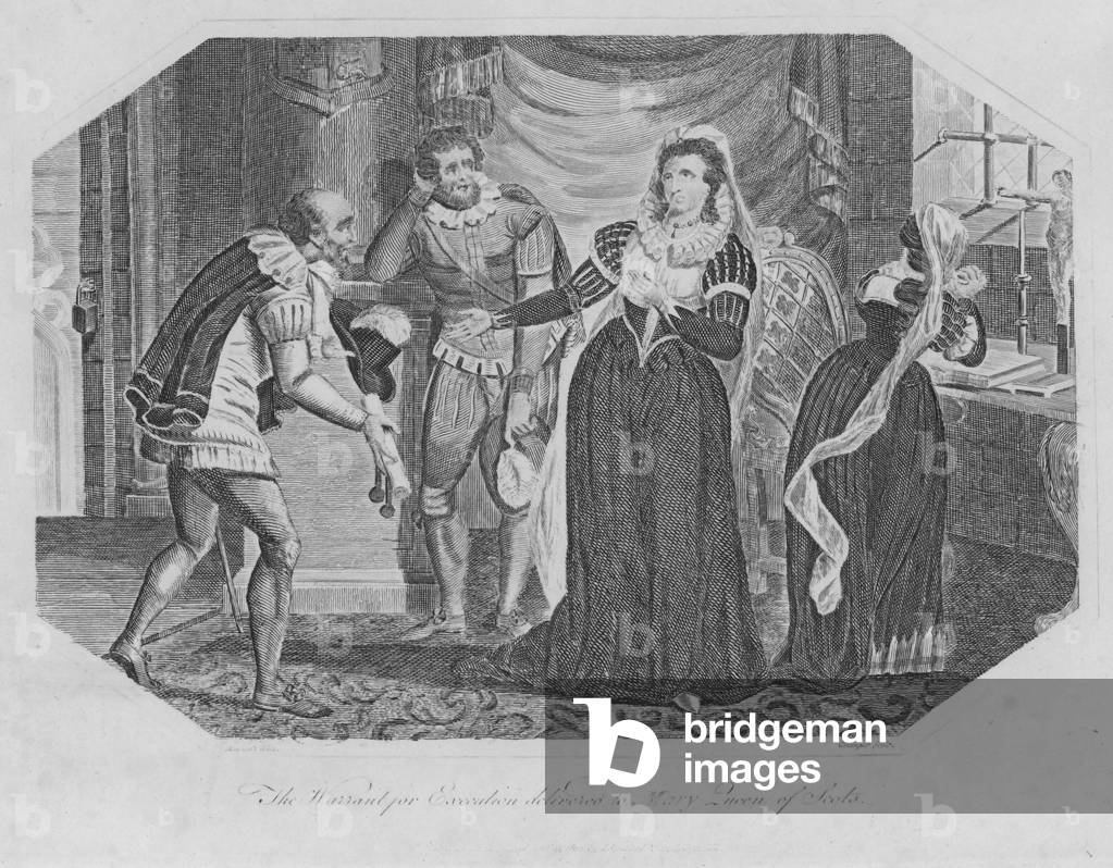 "Der Haftbefehl für die Hinrichtung geliefert an Mary Queen of Scots (Gravur)" von English School, b/w
