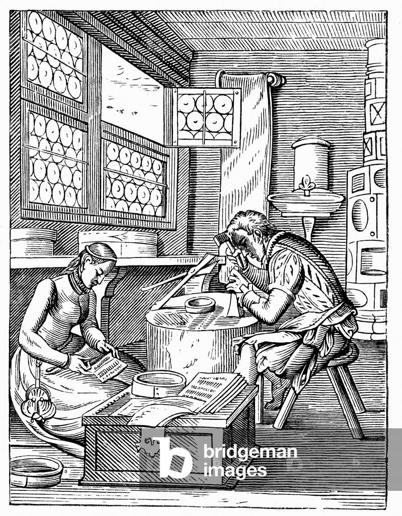 L'officina del produttore di fermagli. Di Jost Amman, XVI secolo (xilografia)