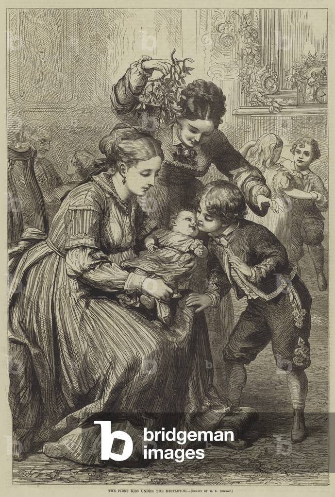 The First Kiss under the Mistletoe (engraving) by David Henry Friston, b/w
