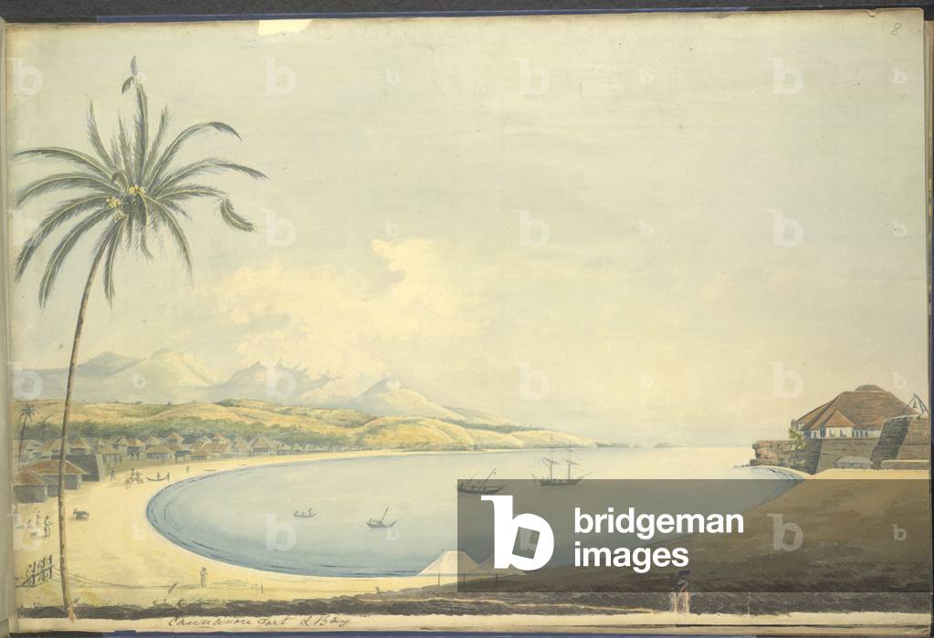 "Blick auf die Bucht von Cannanore mit einem Fort auf der rechten Seite"