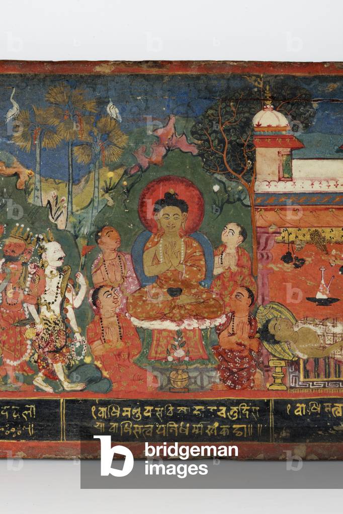 Immagine di Dipinto "Dettaglio da copertina del manoscritto buddista (opaco w/c su legno)" di Nepalese School