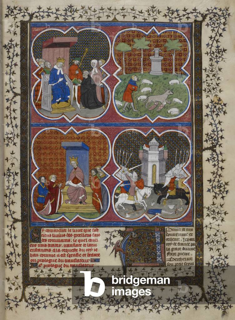 Miniatura in quattro segmenti: 1. Pierre Bersuire presenta il libro a Giovanni II; 2. il lupo con Romolo e Rem