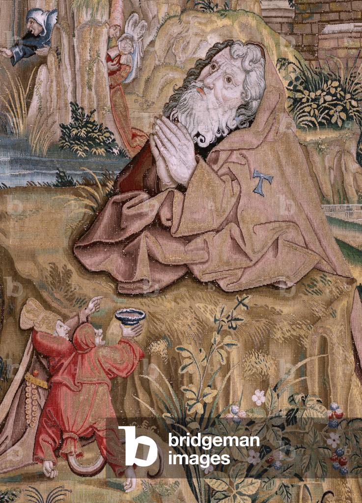 Flemish tapestry. Series Four tapestries after Hieronymus Bosch. Saint Anthony in prayer (San Antonio en oraci