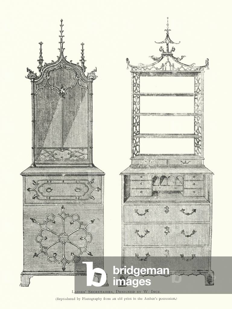 Damensekretäre, entworfen von W Ince (farbige Gravur)