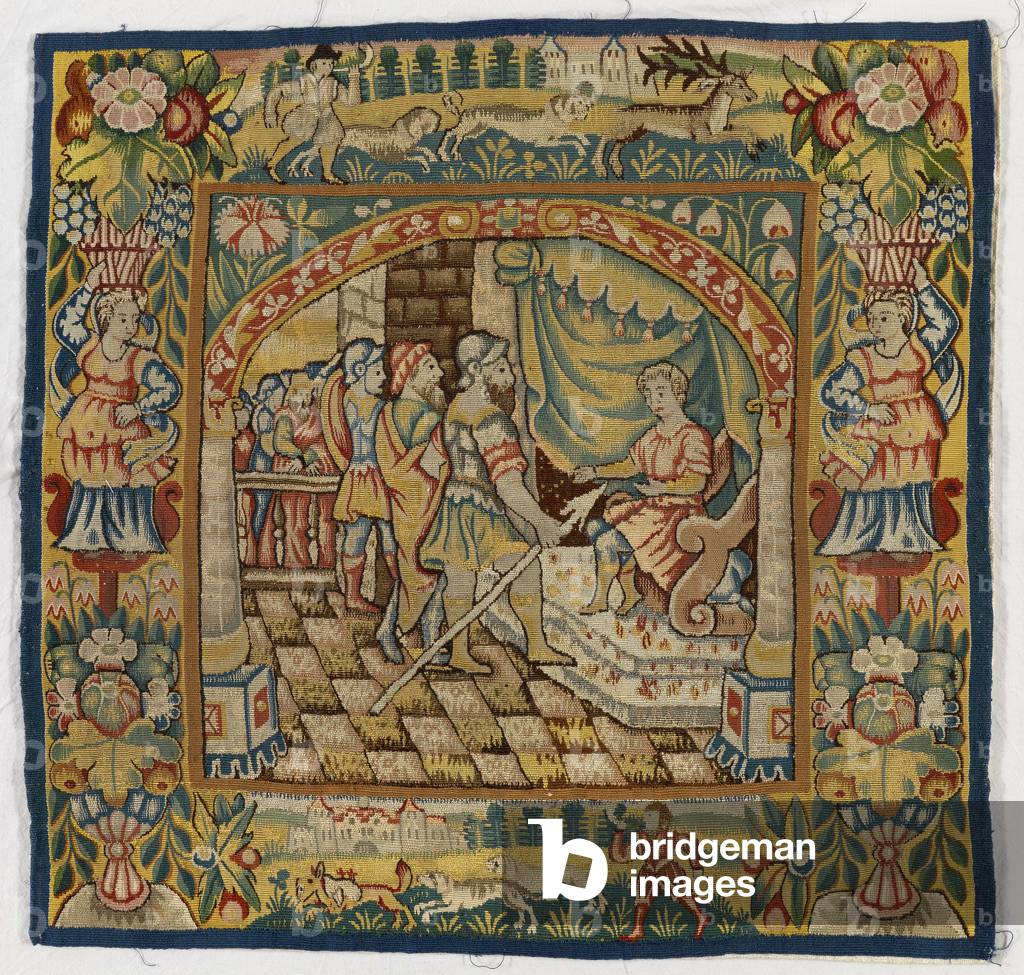 "Copertura cuscino di arazzo raffigurante The Elders before Daniel (uno di sei arazzi di Sheldon" 1501 di Engl