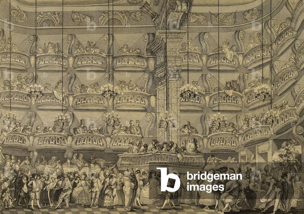 Madrid, Spain, Dance of masks in Teatro del Pri?ncipe, 1770 (engraving) by Juan Antonio Salvador Carmona y Gar