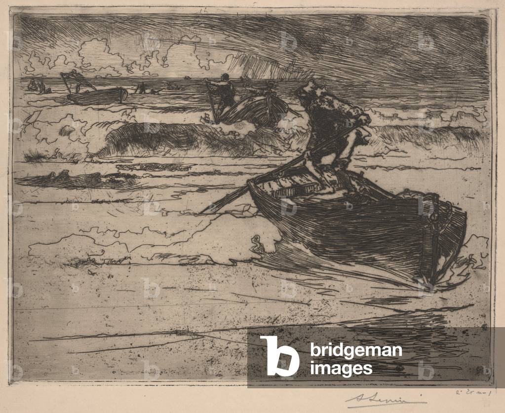"Fischer fliehen vor dem Sturm (Radierung)" von French School, b/w