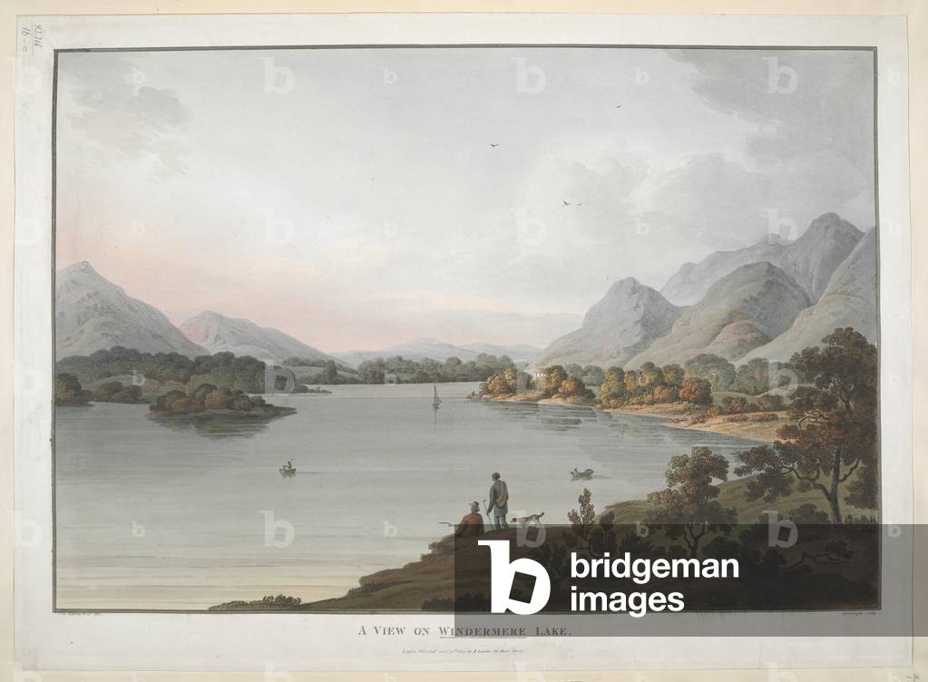 Une vue sur le lac Windermere. Figures et un chien assis sur la rive du lac Windermere