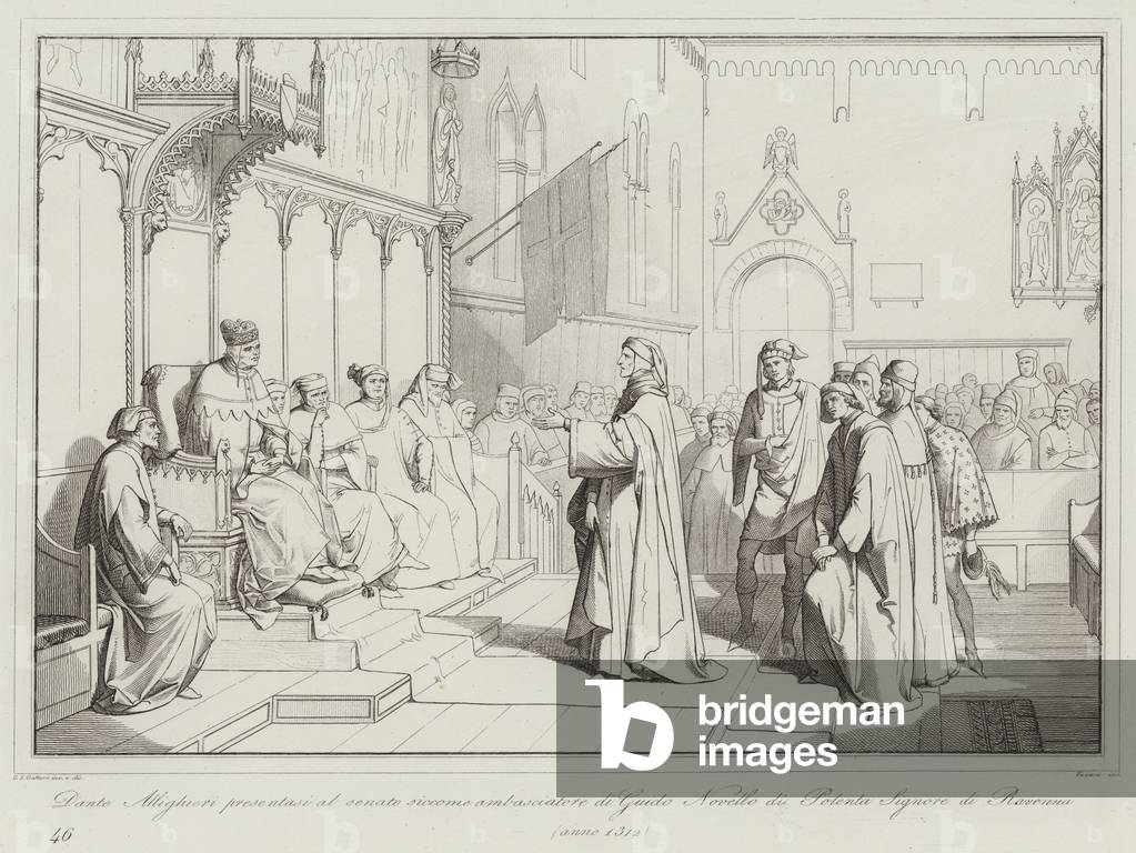 Dante Allighieri presentasi al senato siccome ambasciatore di Guido Novello di Polenta Signore di Ravenna, 131