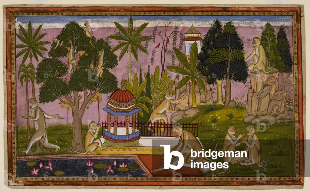 Immagine di Miniatura "Hanumān riferisce la scoperta di Sītā e Aṅgada attacca Dadhimukha a Madhuvana" 1653 di 