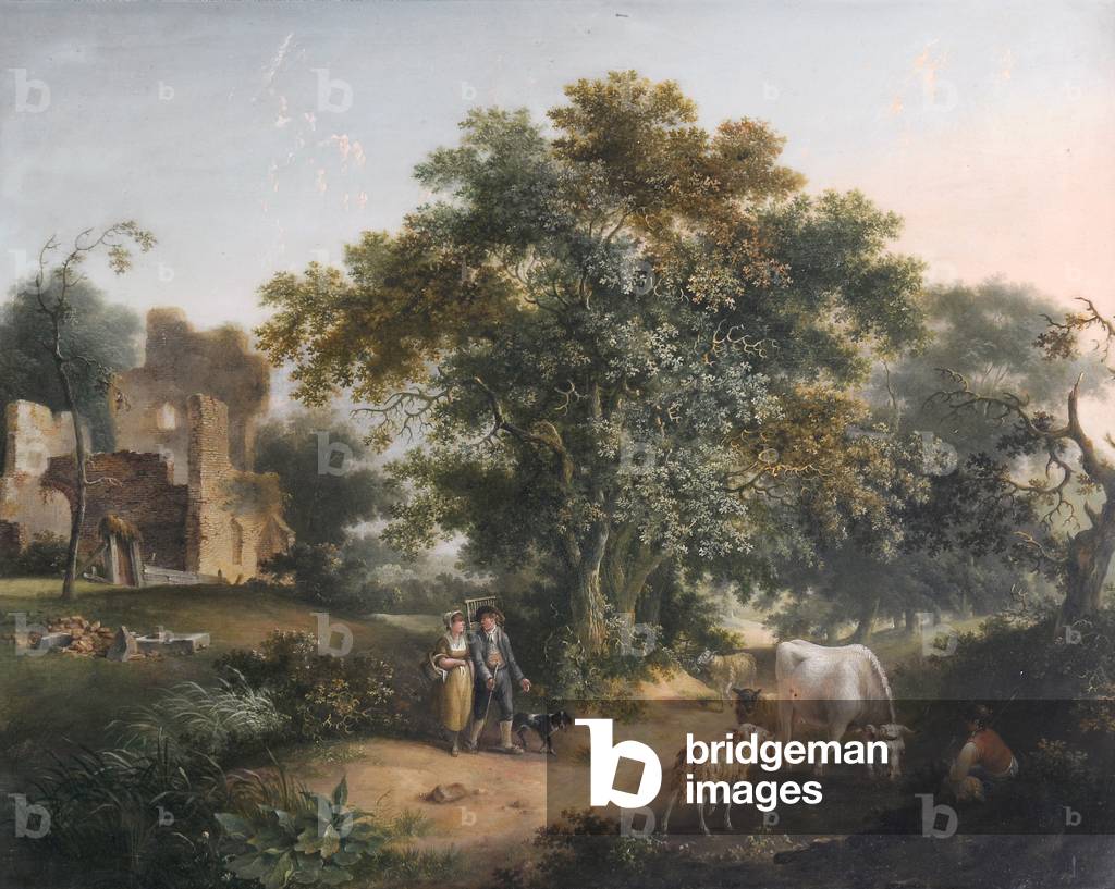 Figure, bovini e pecore in un paesaggio boscoso