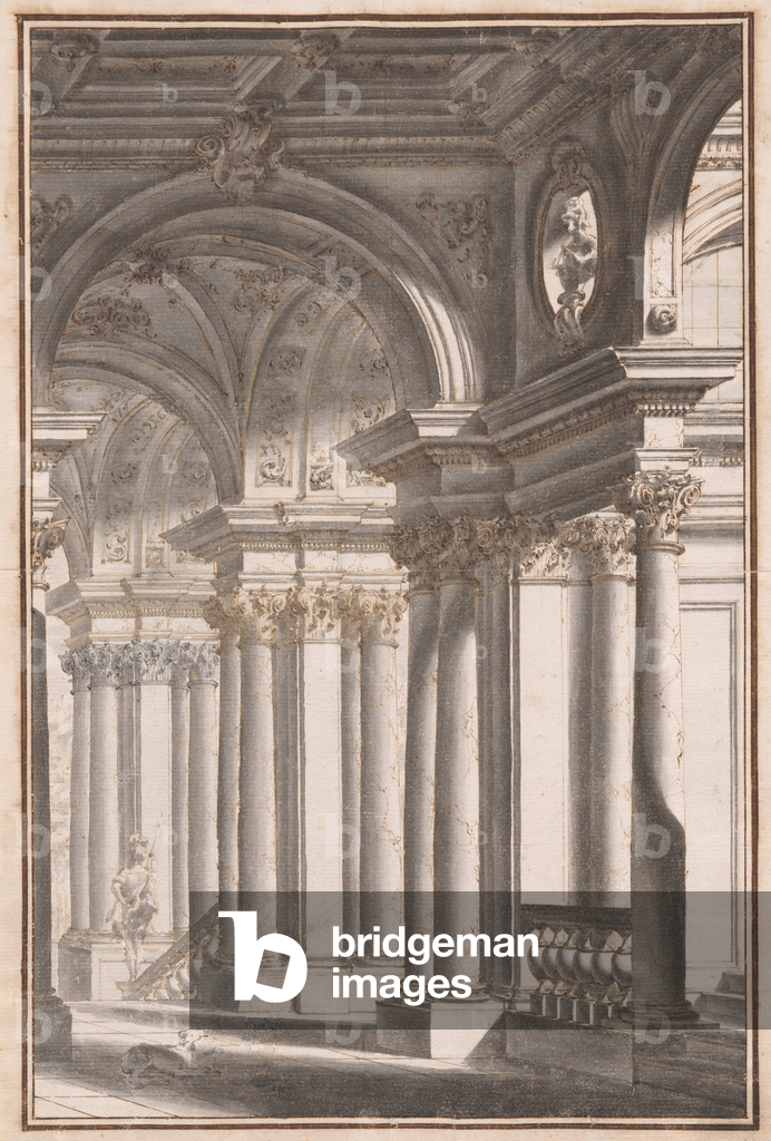 Image de Dessin représentant Capriccio architectural avec un soldat et un chien 1701 par Vittorio Maria Bigari