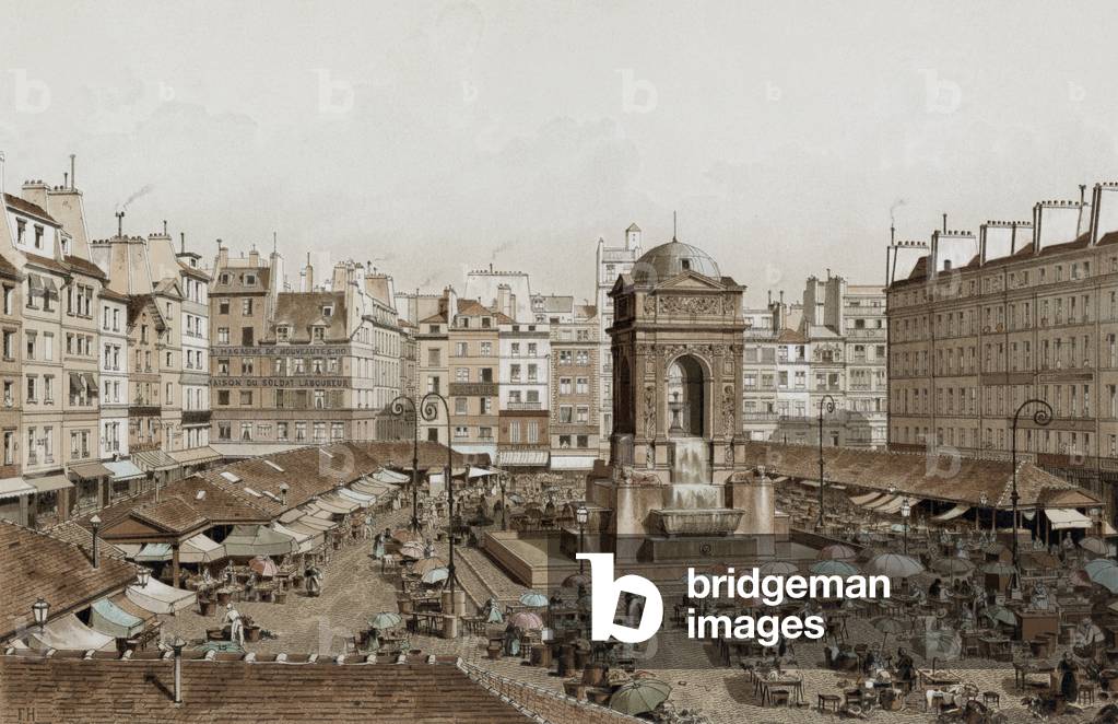 Bild von Gravur "Der Markt der Unschuldigen mit dem Brunnen der Unschuldigen in Paris 1855" 1801