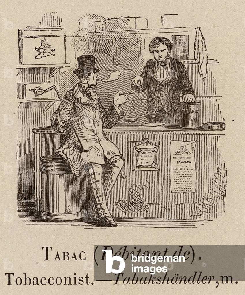 Le Vocabulaire Illustre: Tabac (Debitant de); Tabaccheria; Tabakshandler (incisione)