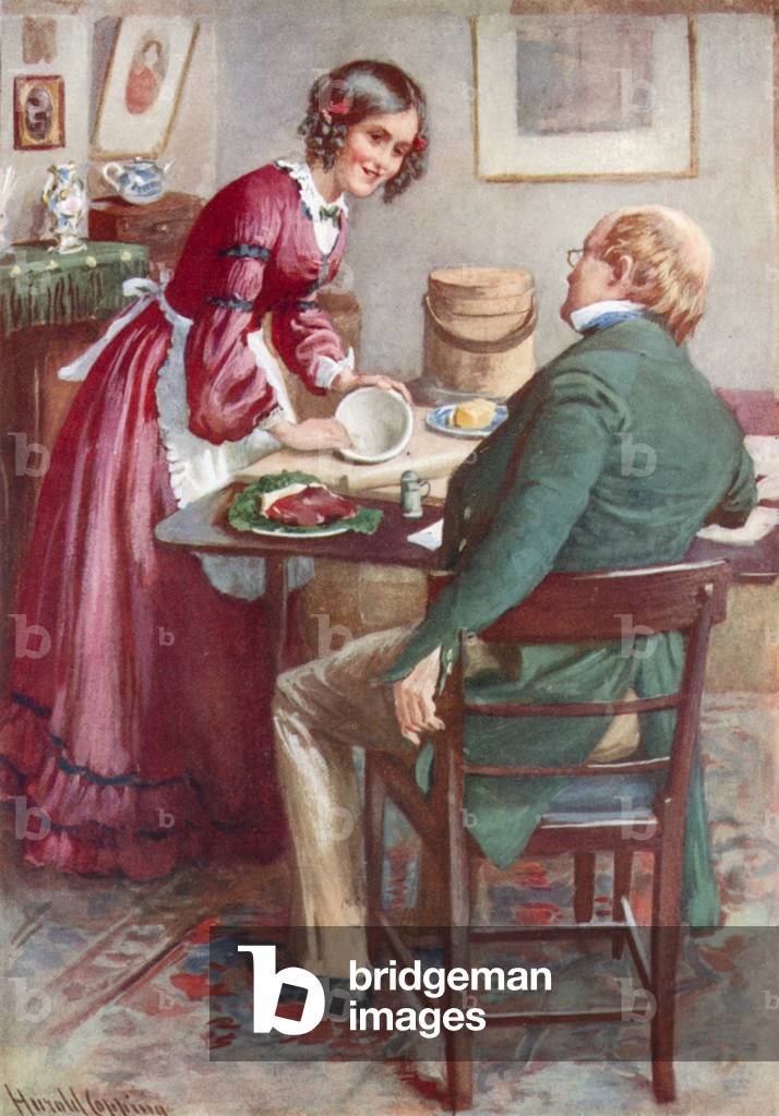 "Ruth Pinch macht einen Pudding (Farbe litho)" von Harold Copping