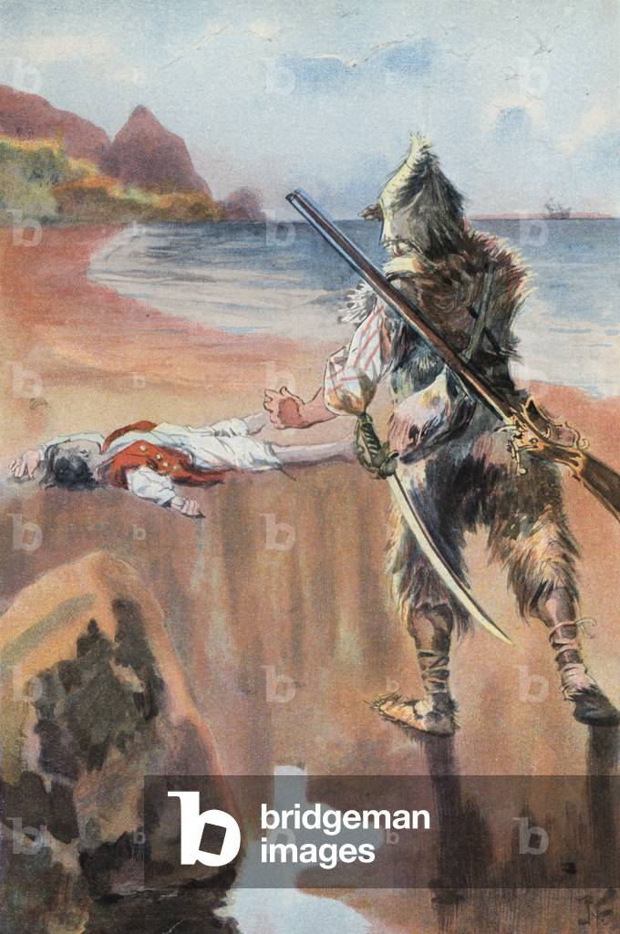 "Robinson Crusoe: Trovo un ragazzo annegato (lito a colori)" 1901 di Joseph Finnemore