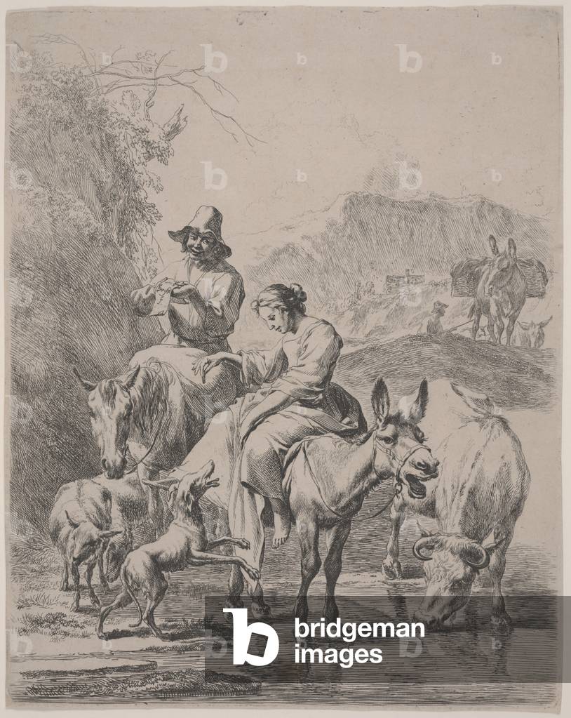"Attraversamento del fiume (Le Ruisseau Traverse)", 1653 di Nicolaes Pietersz. Berchem, b/w