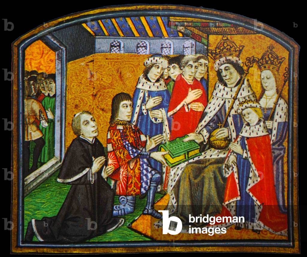 Anthony Woodville, Earl Rivers, presenting the Dictes and Saying of the Philosophers to his brother-in-law, Ed