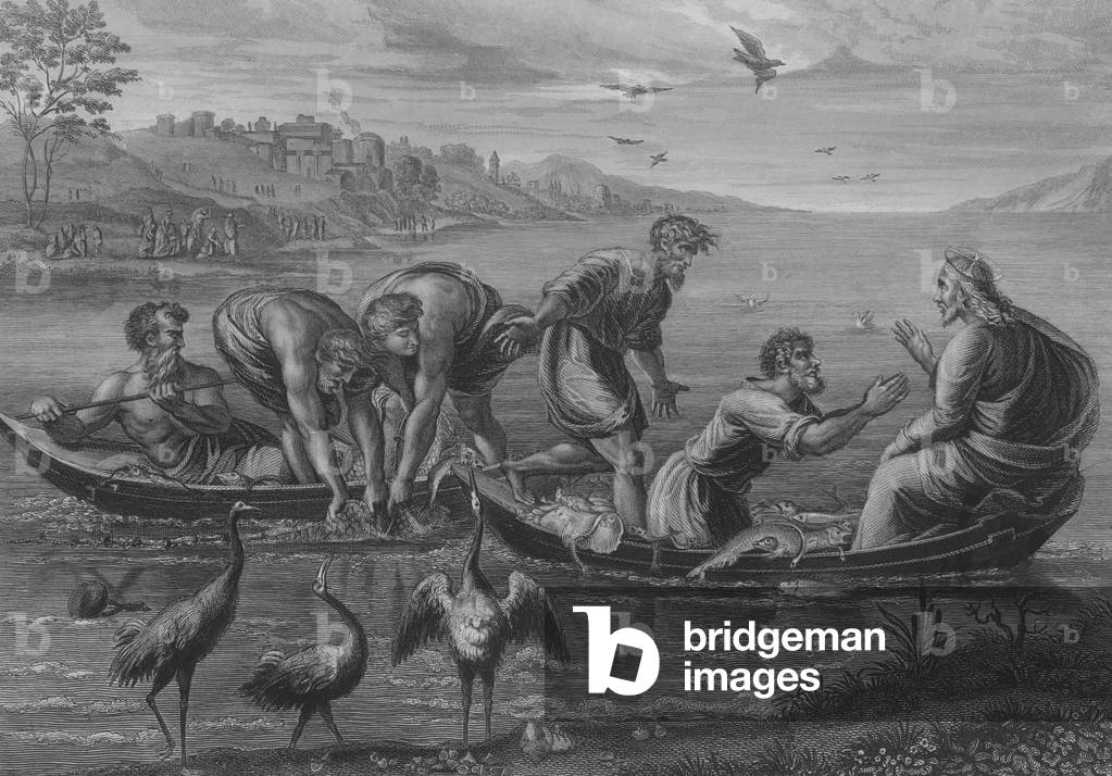 "Il Miracoloso Pescaggio di Pesci (incisione)" di Raphael, b/w