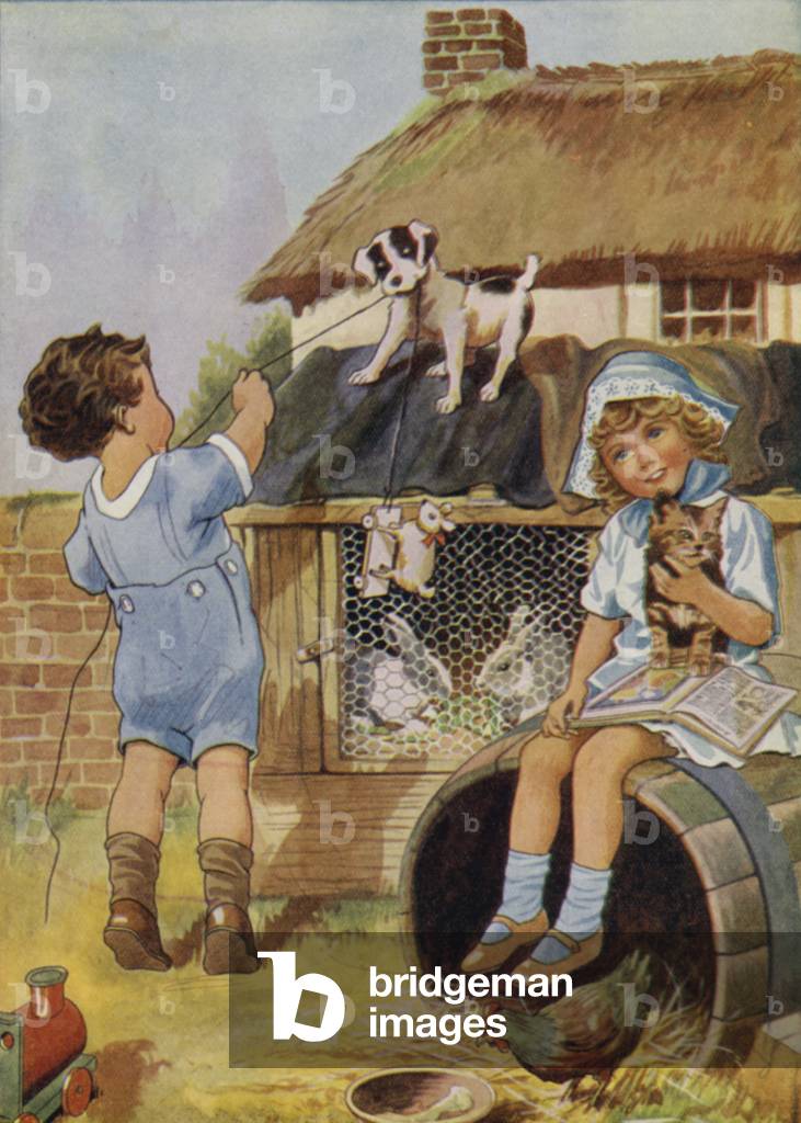 Jeunes enfants jouant avec des animaux de compagnie (couleur litho) par English School