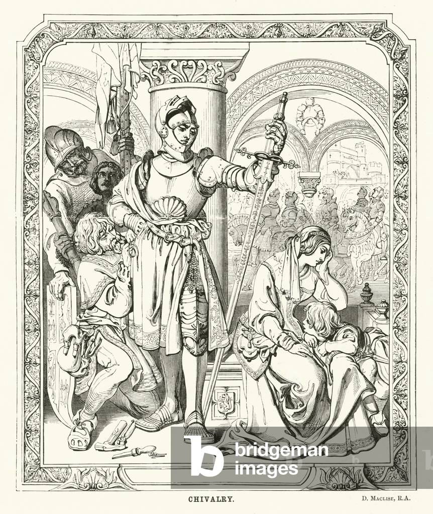 Chivalry (engraving) by Daniel Maclise, b/w