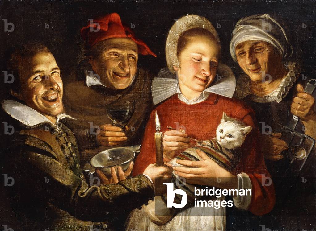 A Dutch Proverb - A women feeding a bound cat, surrounded by men,  (oil on canvas)