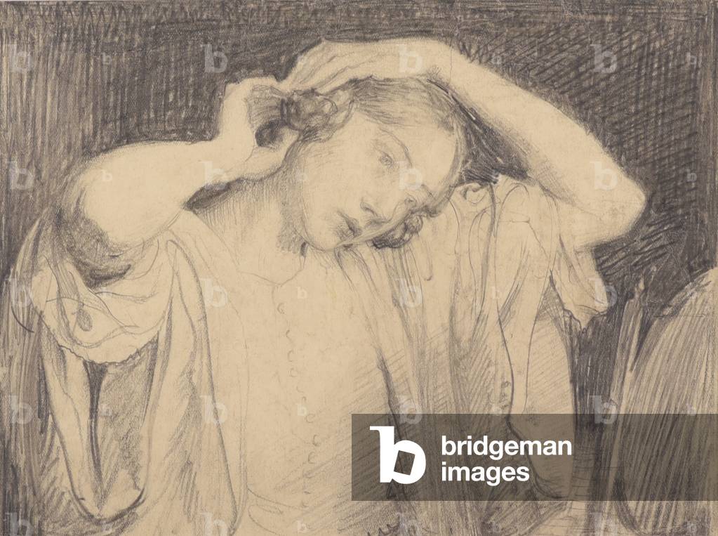 Image of Drawing depicting Portrait of a woman doing her hair in front of mirror II (pencil on paper) by John 