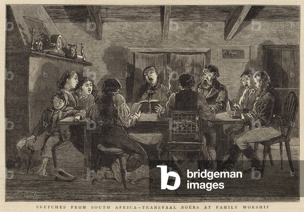 Sketches from South Africa, Transvaal Boers at Family Worship (engraving)