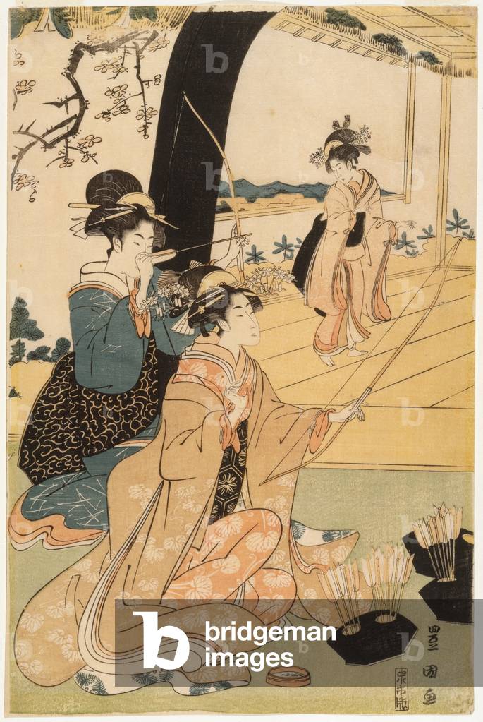 Giovani samurai e assistenti femminili che praticano tiro con l'arco, metà dittico, 1800 (stampa a colori in l