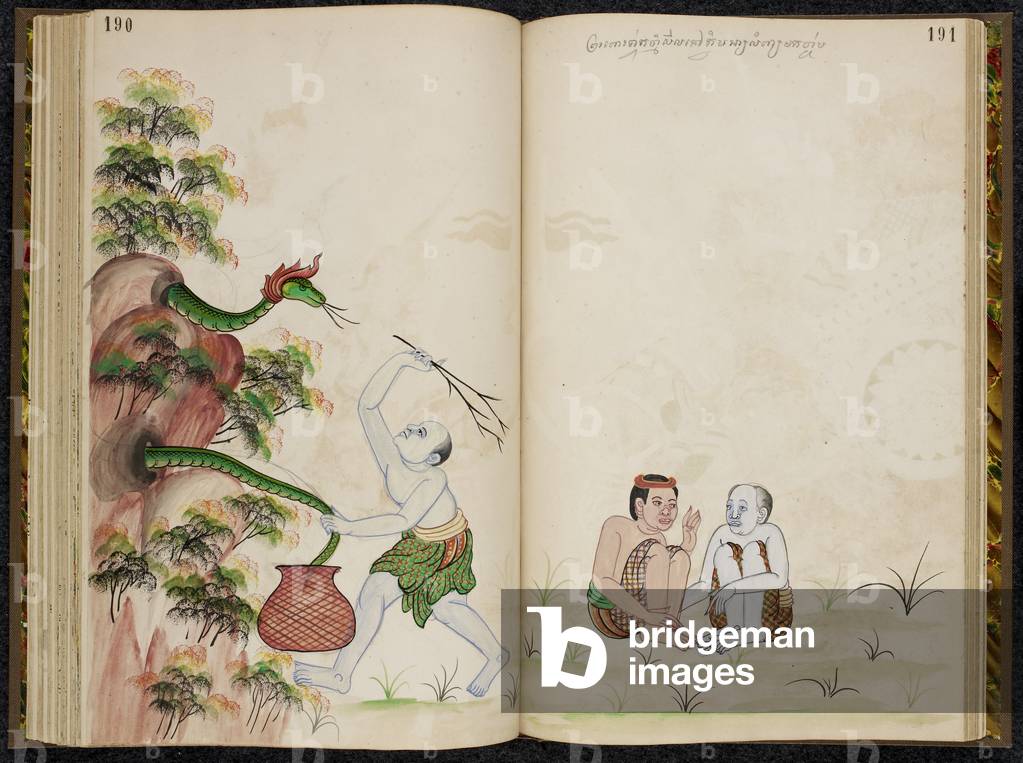 Buddha come il serpente Bhuridatta. Un uomo malvagio cattura Bhuridatta per mezzo di un incantesimo. Scena dal