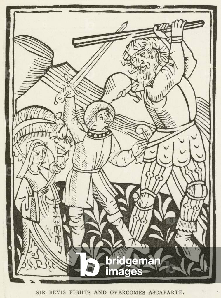 Sir Bevis fights and overcomes Ascaparte (engraving) by English Artist, b/w