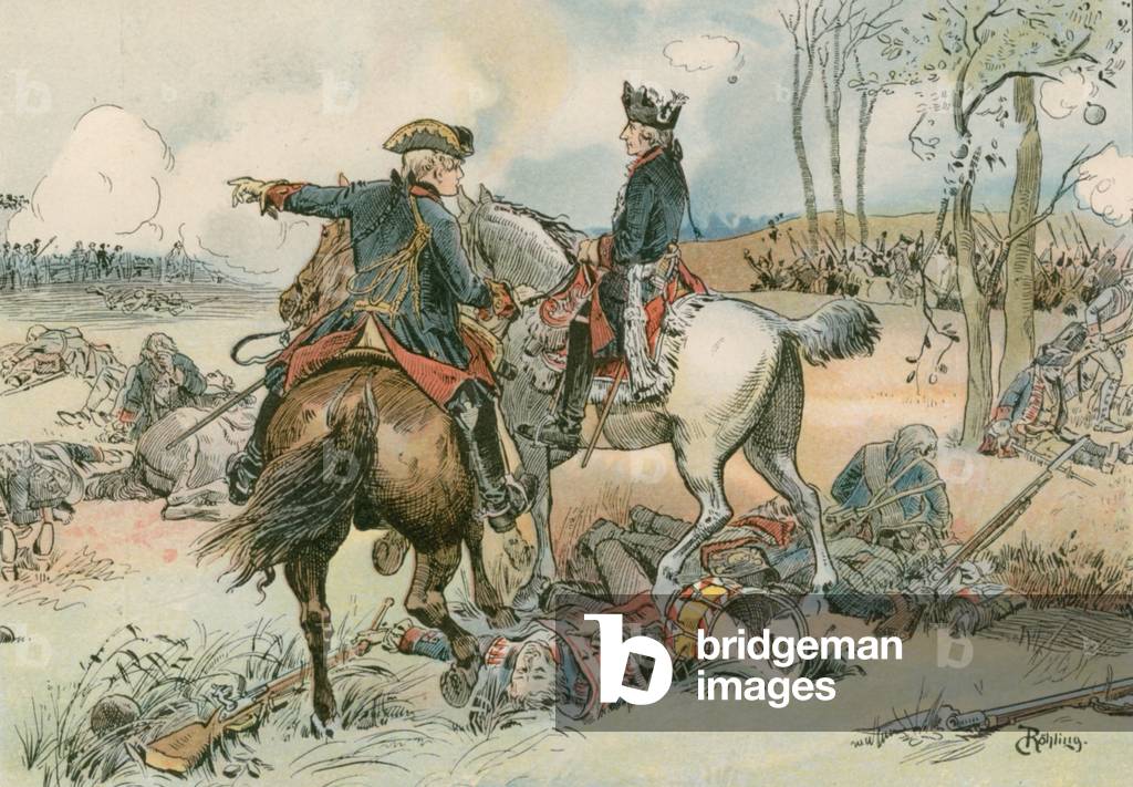 "Federico il Grande alla battaglia di Kolin in 1757 (colore lito)" di Carl Rohling