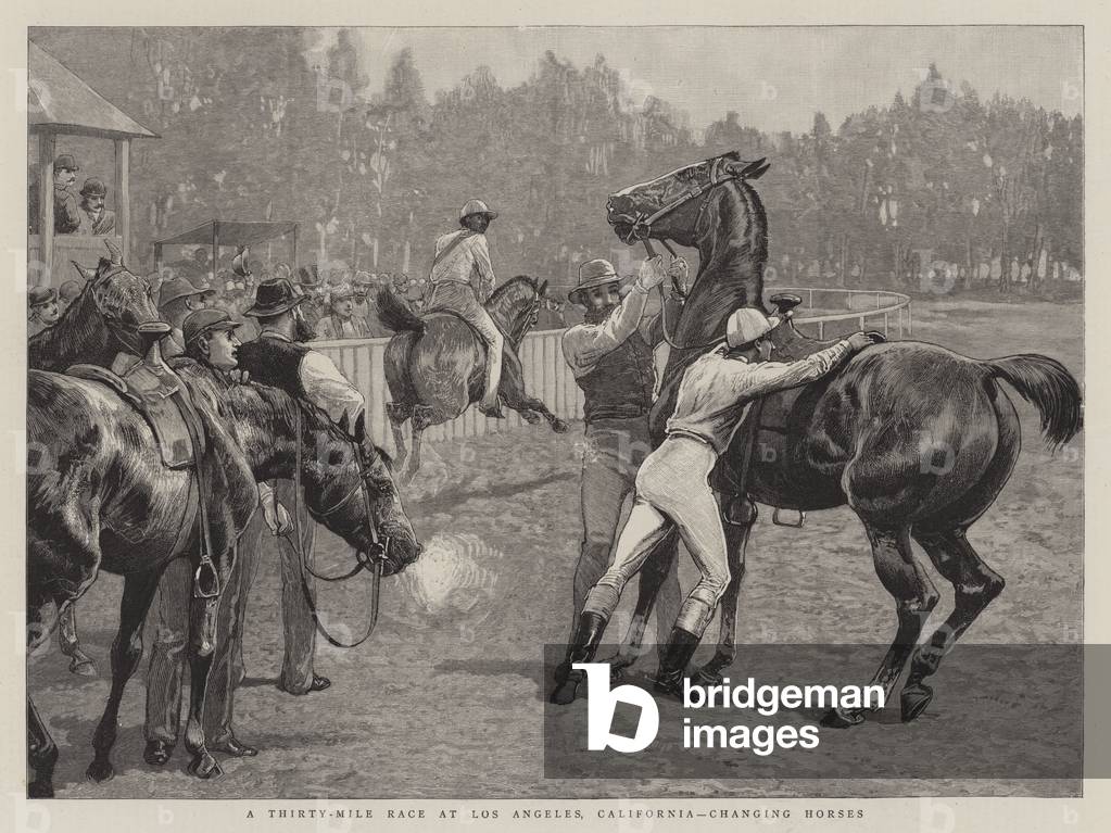 Un Thirty-Mile Race a Los Angeles, California, Cambiare Cavalli (incisione)