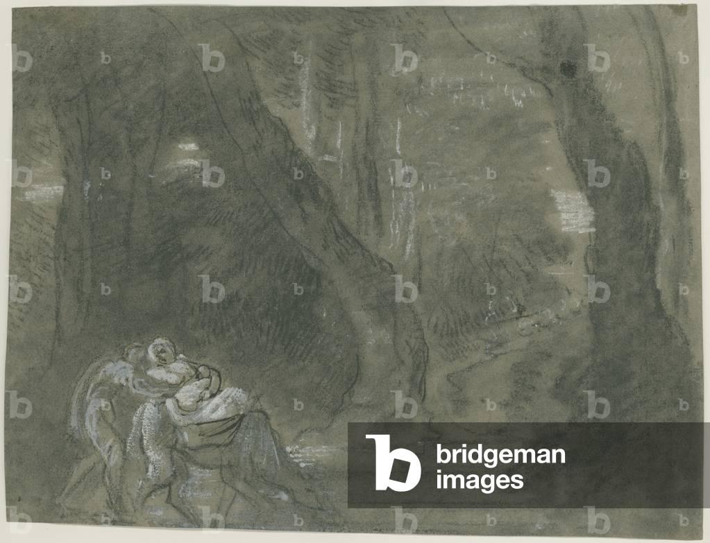 Riposo sul volo in Egitto (gesso nero & gouache su carta)