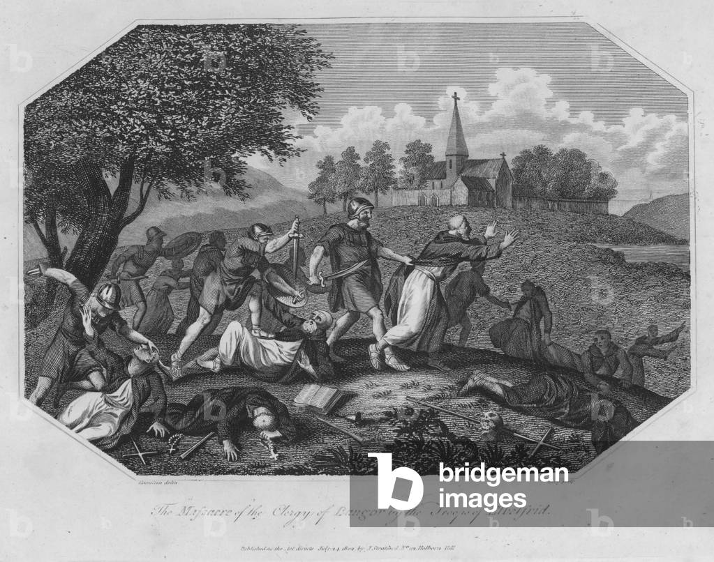 "il massacro del clero di Bangor dalle truppe di Ethelfrid (incisione)" di English School, b/w