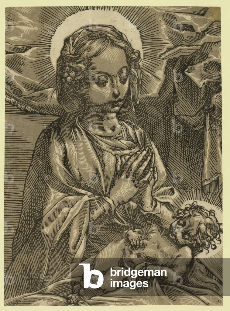 La Bienheureuse Vierge, Chiaroscuro Woodcut, Impression montrant la Bienheureuse Vierge Marie avec le Enfant J