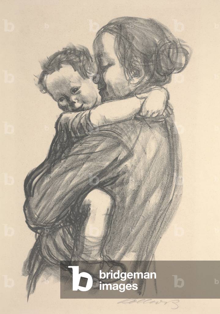 Immagine di Stampa "Ragazzo con le braccia intorno al collo della madre", 1931 di Kathe Schmidt Kollwitz, b/w