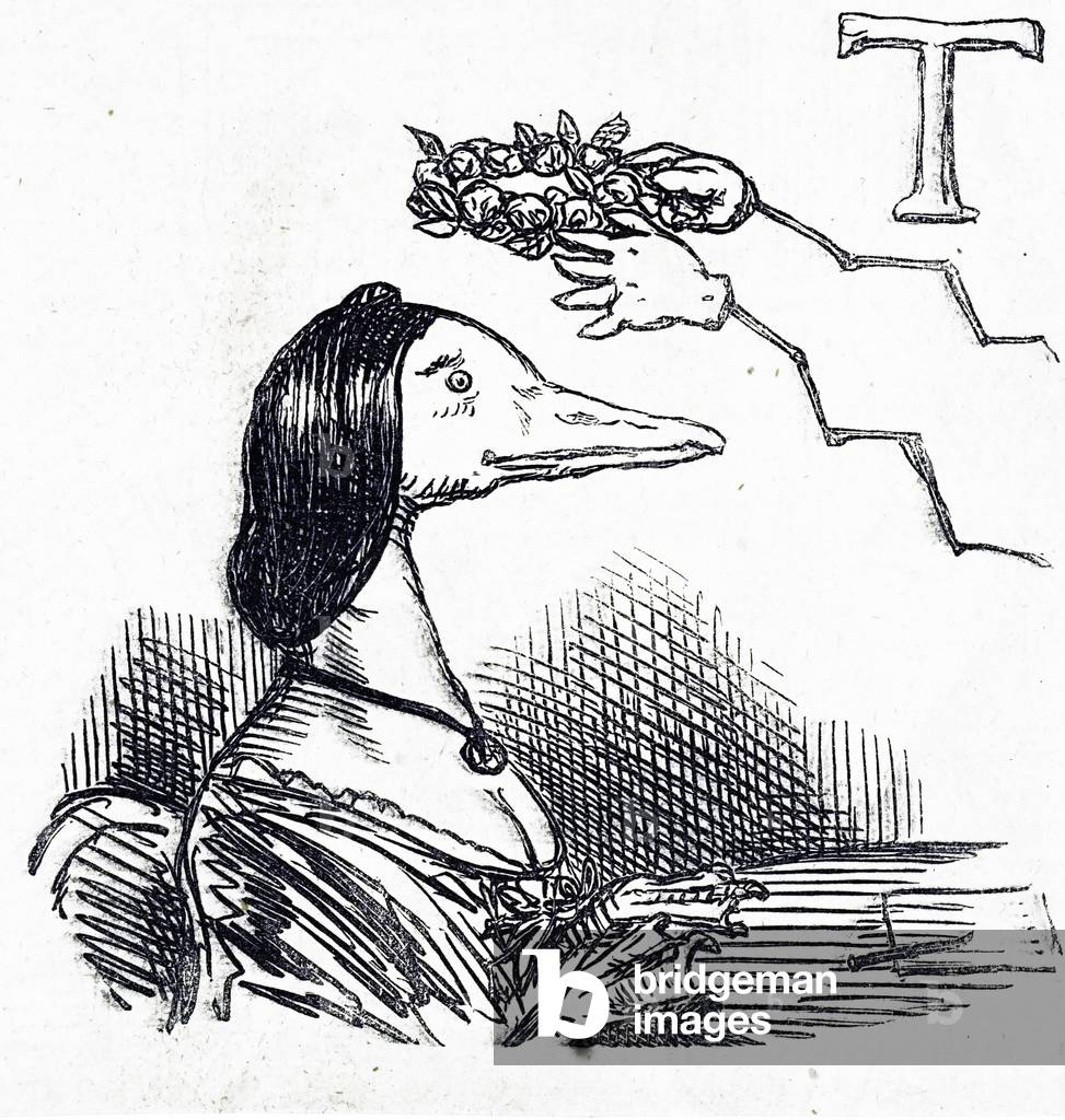 Immagine di Disegno "Cartone animato del 1870 che mostra un'anatra zoomorfe che riceve una ghirlanda di alloro