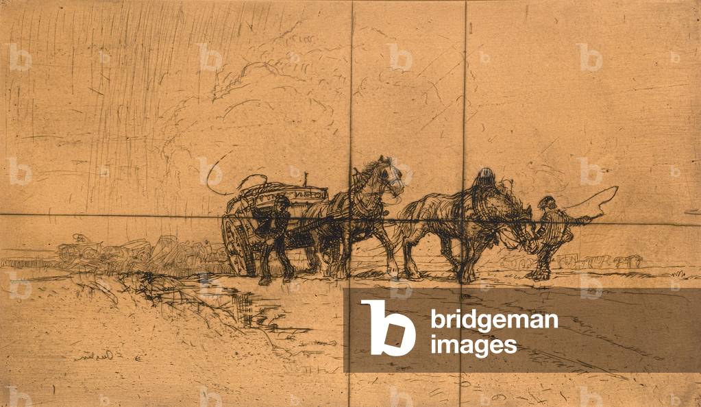 Cheval Tirant Chariot Uphill (plaque de gravure en cuivre) par Robert Sargent Austin, b/w