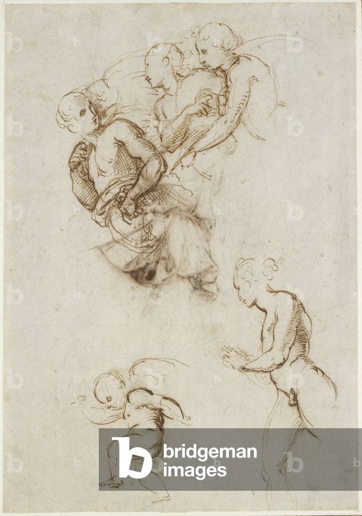 "Recto: Studies for a Group of flying Angels" von Raphael, b/w