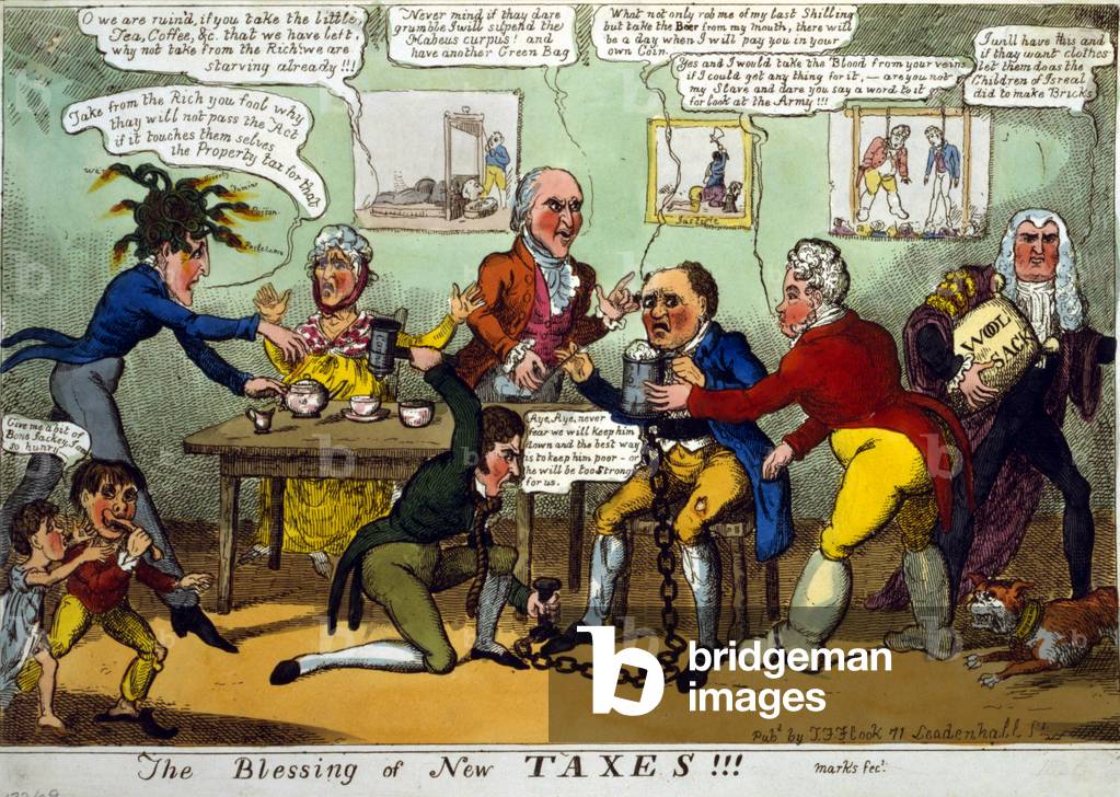 Der Segen des John Bull von New Taxes' wird vom Prinzen Regent (mit gouty, geschwollenen Beinen) und seinen Di