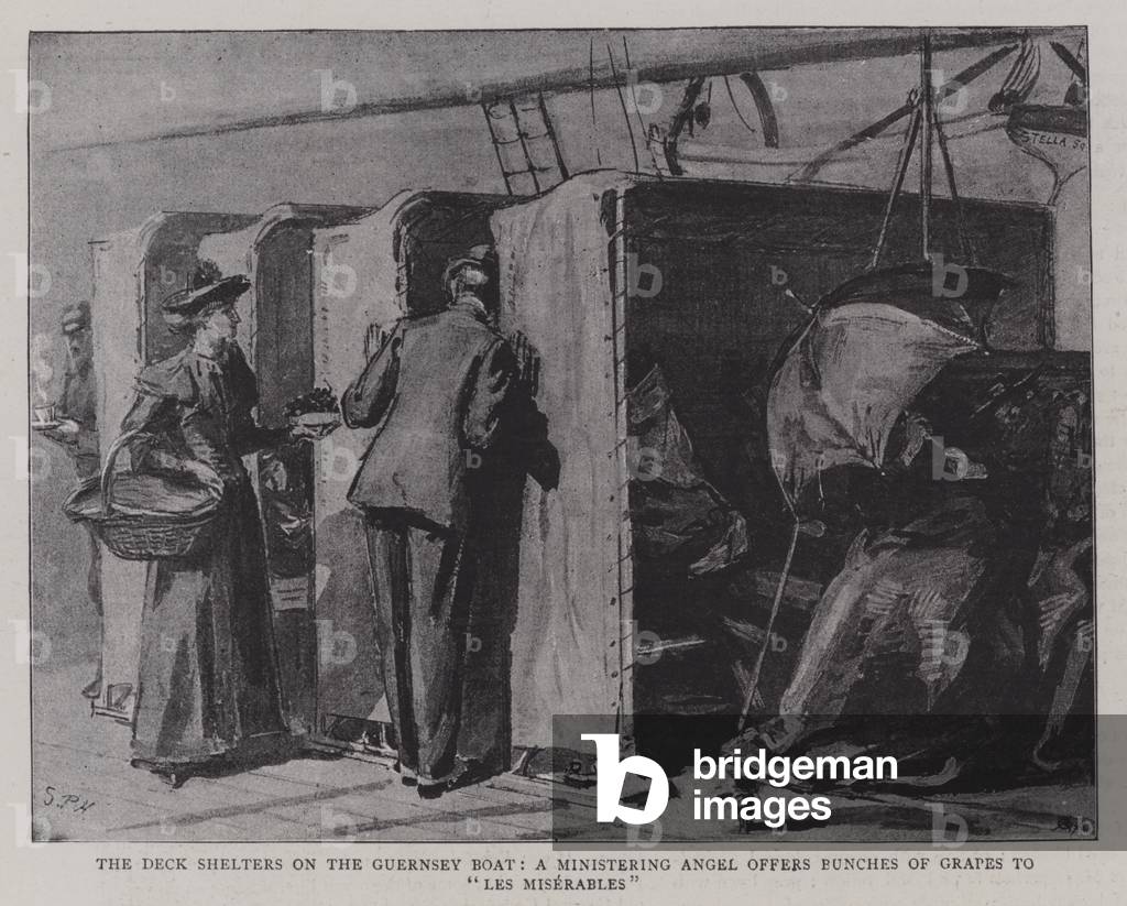 The Deck Shelters on the Guernsey Boat, a Ministering Angel offers Bunches of Grapes to "Les Miserables" (lith