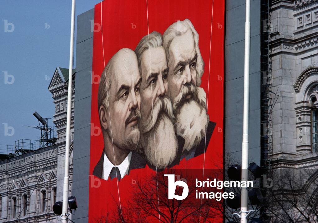 Image of Poster in Red Square with Lenin, Marx and Engels, Communist
