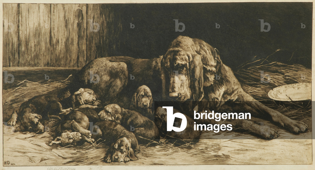 Bild von Gravur "'Die glückliche Mutter' (Radierung auf Pergament)" von Herbert Thomas Dicksee, b/w