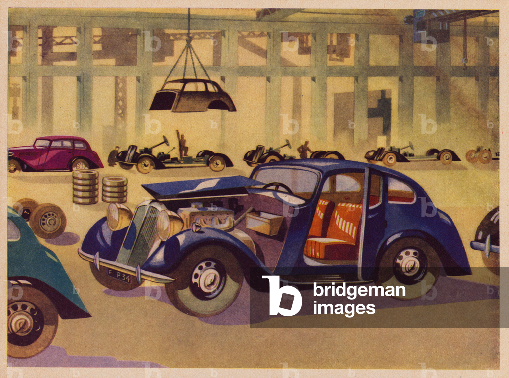 Immagine di Stampa "Fabbrica di automobili (litografia a colori)" 1901 di English School