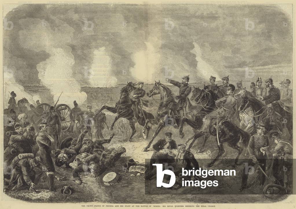 The Crown Prince of Prussia and his Staff at the Battle of Worth by English Artist, b/w