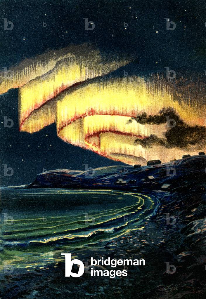Electrical phenomenr of the atmosphere,  Aurora Borealis, Popular physics, 
Artwork by Emile Desbeaux,  1891