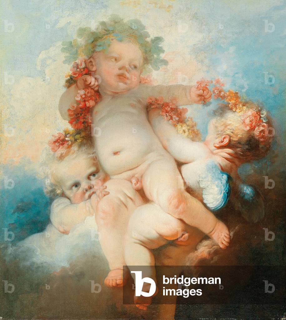 Tre putti incoronati di fiori, XVIII secolo (olio su tela)
